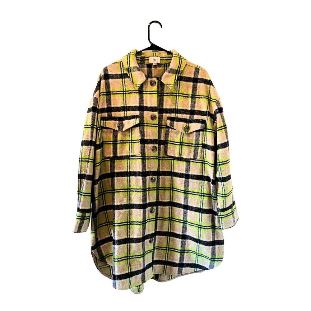 Cream plaid with neon accent Boyfriend Flannel Jacket